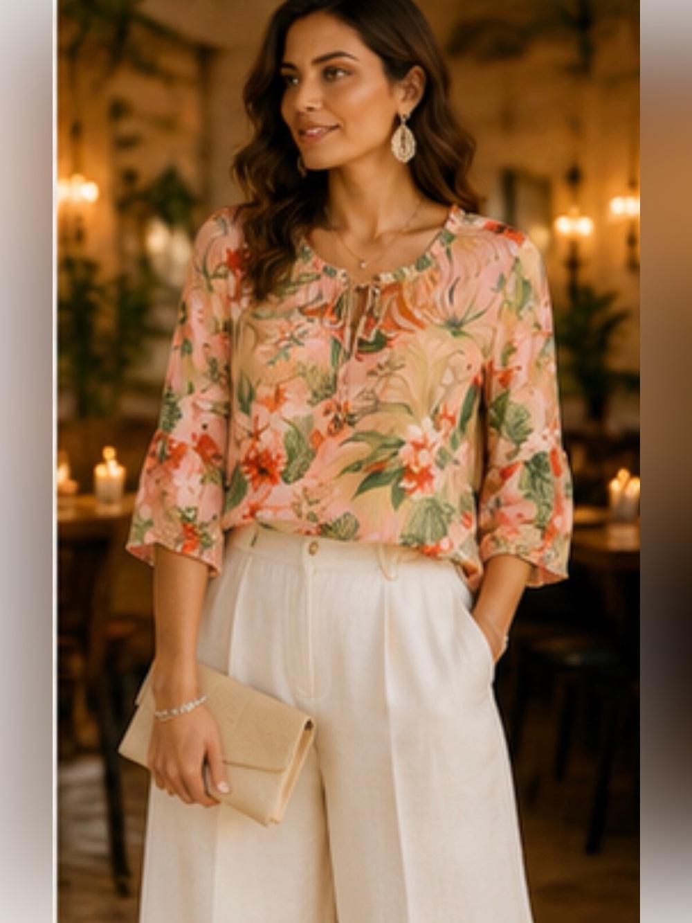 J.Jill Petite Small Pink Tropical Floral Blouse Tie Neck 3/4 Bell Sleeve Resort